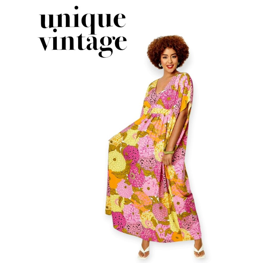 Unique Vintage Pink and Yellow Floral Maxi Dress